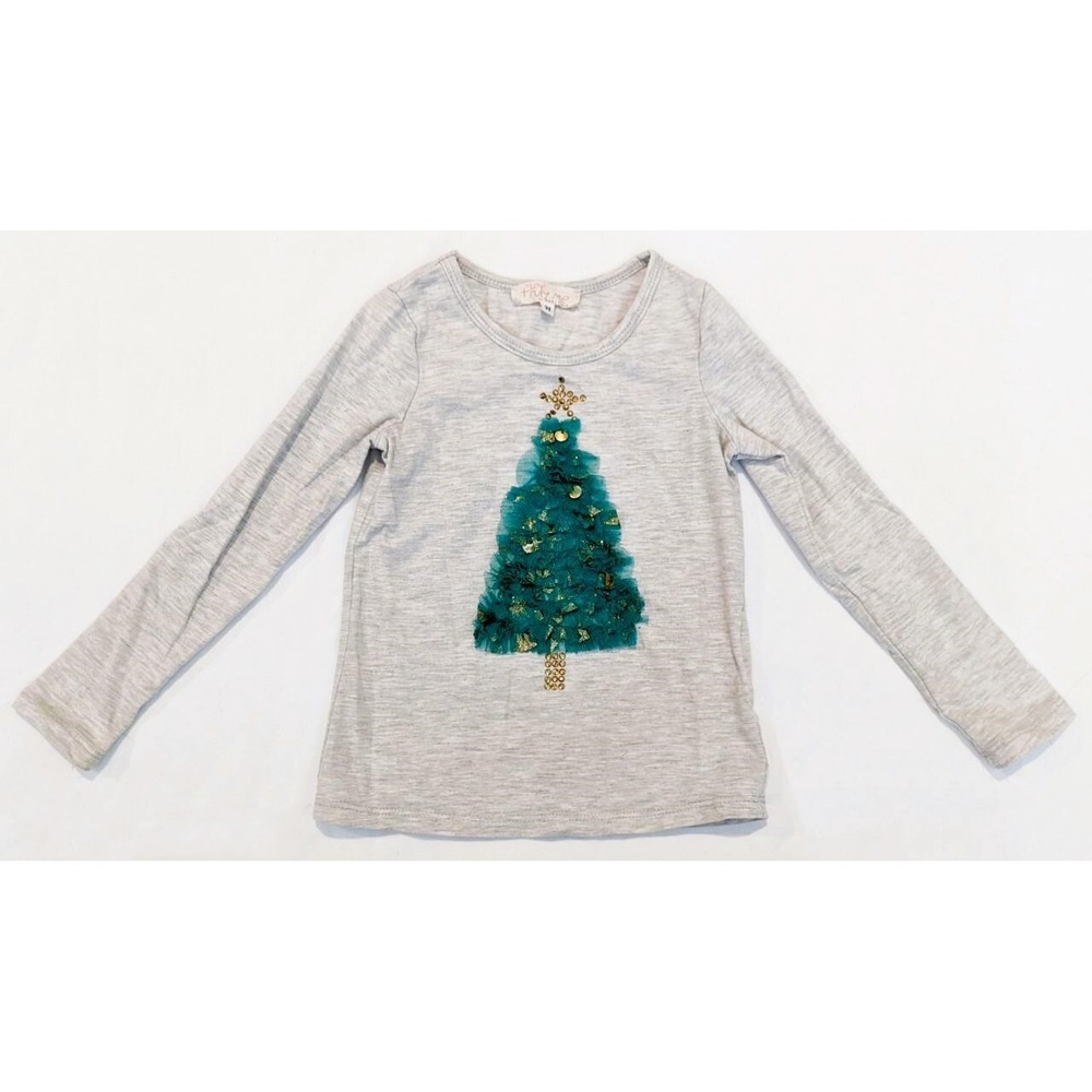 Truly Me Girls 3T Christmas Tree Detail Long Sleeve Gray Graphic Tee Shirt